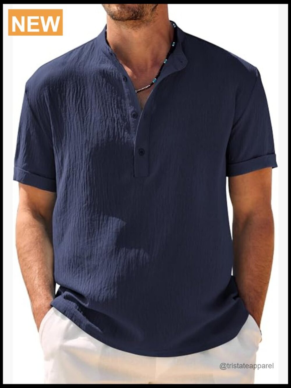 Men's Casual Henley Shirt Short Sleeve Band Collar Summer Beach